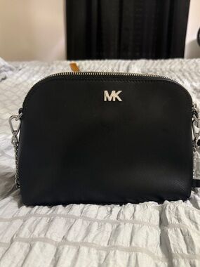 Michael Kors Black Leather Mini Crossbody with Silver MK Logo